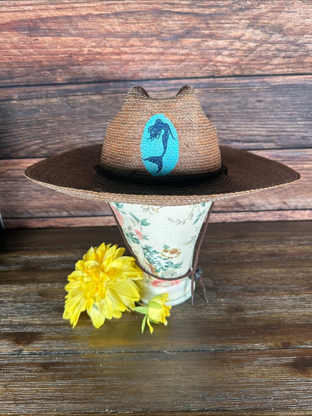 Costal Headwear Brown Straw Fedora Hat with Turquoise Mermaid Patch